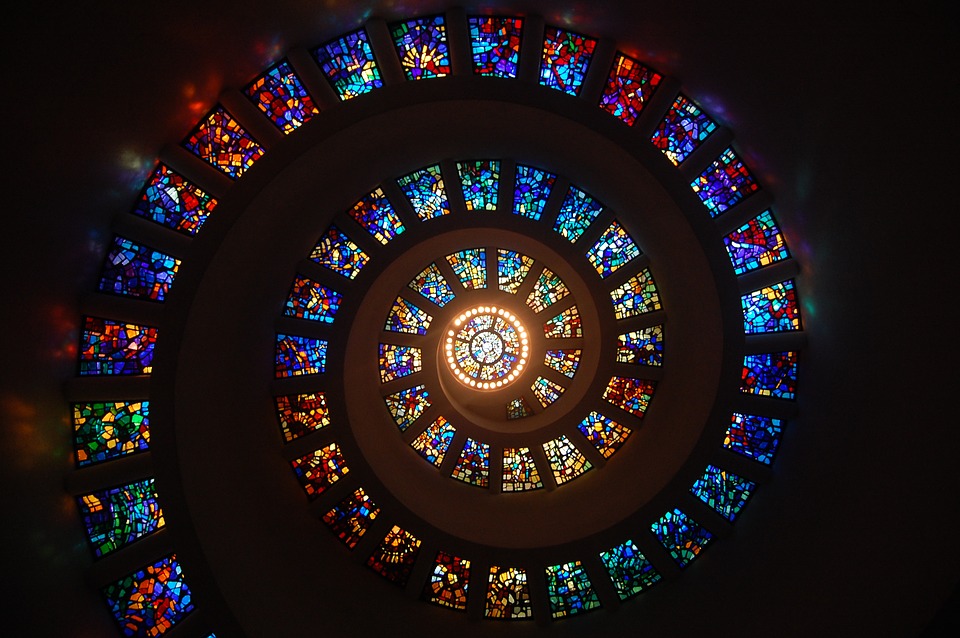 stained glass windows in a spiral